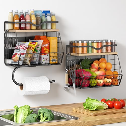 Housolution 2 Stück Obstkorb zur Wandmontage mit Holzdeckel, Hängender Küchenkorb für Obst und Gemüse, Kartoffel- und Zwiebelhalter mit Papierhandtuchhalter für die Küchenarbeitsplatte