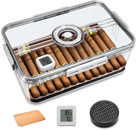 WENCILI Acrylic Transparent Cigar Humidor Case, Desktop Portable Storage Cigar Box Holds 50-60 Cigars with Hygrometer, Humidifier and Spanish Cedar Wood Chips, Gift for Man (Medium)