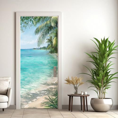 Strand Türtapete Selbstklebend 70 x 200, Meer Landschaft Türbilder Türfolie Türposter Türaufkleber Selbstklebende PVC, Türdeko Strand,(ST0002)