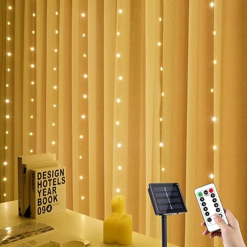YUANYUYING Solar Curtain Lights, 3m x 2m 200 LED Outdoor Waterfall Lights with Remote & Timer, 8 Modes Cuttable, IP65 Waterproof for Garden, Gazebo, Wedding, Party Decor (Warm White)