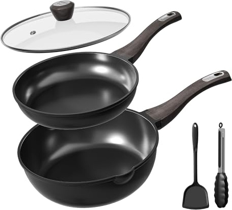 OzawaBear Nonstick Cookware Set, Titanium Coating Pan Set, Induction Cookware Oven Safe RV Kitchen Set, PFAS PFOA & PTFE Free, (8+11Inch with Lid)
