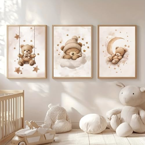 Ueiwffzo Kleiner Bär Bilder Babyzimmer Deko Kinderzimmer, 3er Poster Set Mond Sterne Wandbilder Kinderbilder, Premium Leinwandbild Ohne Rahmen Bilder Babyzimmer Mädchen und Jungen (30x40cm)