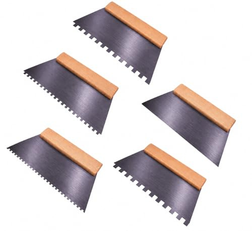 Tile Adhesive Spreader Comb 250mm (10 inch) with Wooden Handle – Square Notch, Steel Notched Trowel, for Floor Tiles, Wall Tiles & Flooring Glue and Adhesives (Set of 5 pcs)