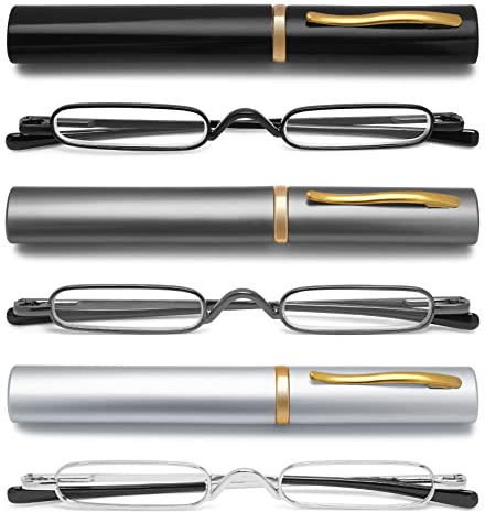 VEVESMUNDO Lesebrille Schmal Mini Klein Metall Lesehilfe Sehhilfe Brille mit Etui für Unterwegs Herren Damen (Lesebrillen 3 Stück(Schwarz+Silber+Grau), 1.75)