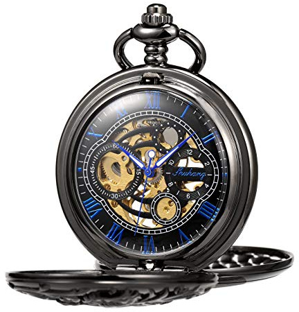 TREEWETO Unisex Taschenuhr mit Kette Analog Handaufzug Doppelscharnier Antik Drache Skelett Bronze