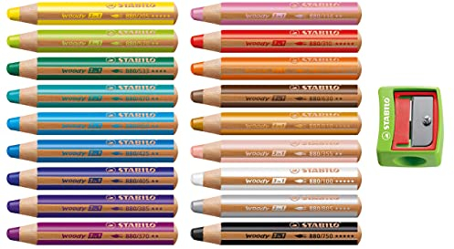 STABILO - Buntstift, Wasserfarbe & Wachsmalkreide - woody 3 in 1 - 18er Pack mit Spitzer in grün