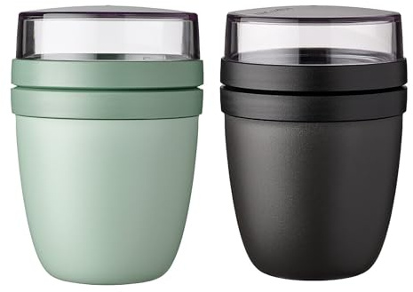 Mepal | Lunchpot Ellipse Mixed | Nordic Sage + Nordic Black | Müslibecher to go | Unterteilung für Joghurt & Müsli | 500 ml + 200 ml | Geeignet für Gefrierschrank, Mikrowelle & Spülmaschine