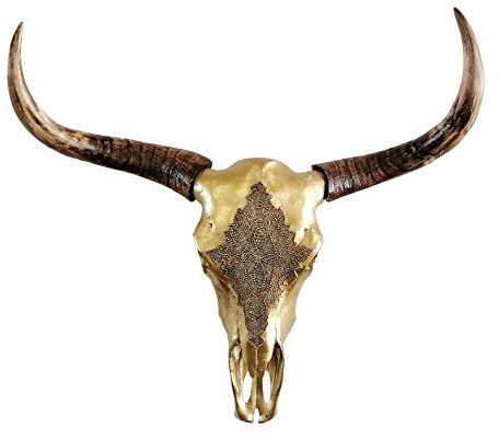 MichaelNoll Stierkopf Stier Bullenkopf Bullenschädel Geweih Hörner Wanddekoration Polyresin Riesig Gold Groß - Moderne Wanddeko für Schlafzimmer oder Wohnzimmer - Deko Dekoration - XXL 73 cm