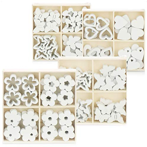 COM-FOUR® Set da 128 pezzi di decori sparsi - farfalle, cuori e fiori in legno - decorazioni in legno per il fai da te con vari design (128 pezzi cuore fiore farfalla)
