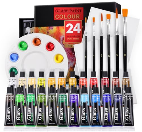 CHUMIRRY KIDS 24 Colors Glass Paint with 6 Brushes and 1 Palette, Waterproof Acrylic Enamel Painting Kit, Glass Color Paint for Wine Bottle, Light Bulbs and Ceramic