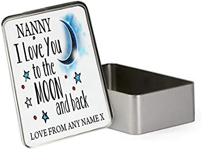 Giftme Personalised Nanny I love You To The Moon And Back Portable Metal Tin Storage Box Biscuit Chocolate Tin Emergency Stuff Tin Birthday Present. (Rectangular)