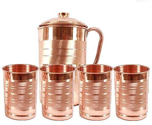 Botella de cobre puro botella de cobre jarra de agua de cobre 2 litros y juego de 4 vasos de vidrio de cobre (cobre)