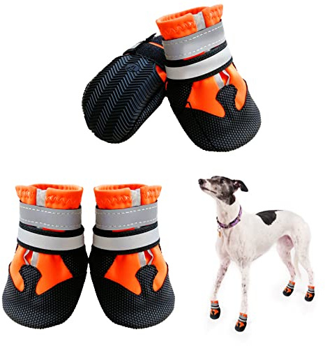 NeuWee Hundeschuhe, 4er-Set wasserdichte Hundeschuhe Anti-rutsch Hundestiefe mit reflektierendem Riemen, Regenschuhe Hundestiefel Pfotenschutz für Kleine Mittelgroße Große Hunde (S, Orange)