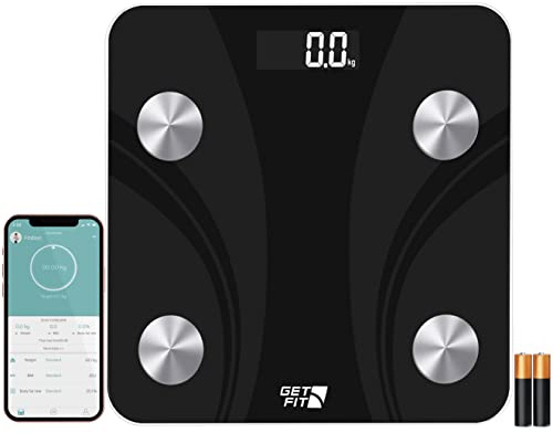 Get Fit Smart Bathroom Scales - Monitor Weight Loss Digital Body Weighing Scale - Connect to iOS/Android via Bluetooth with Easy to use APP Fitdays/Onfit, LCD Display & Automatic On/Off - Black