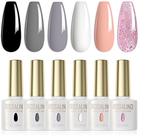ROSALIND UV Nagellack 6 Farben Weiß Schwarz Grau Nude Glitter Rosa Gel Nagellack Set Farbgel für Gelnägel Soak Off UV LED Nail Gel Polish Für UV Lampe Salon Design Kit