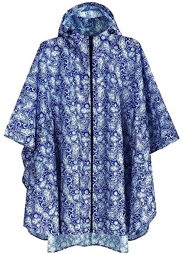 Anyoo Lätt vattentät regnponcho, återanvändbar, ripstop, ventilerande regnrock med huva för utomhusaktiviteter, en storlek, Blåvitt porslin, one size