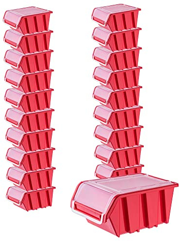 KADAX 20er Set Stapelkiste mit Deckel, Lagerbox aus PP Kunststoff, Sichtlagerbox in verschiedenen Größen und Farben, Lagerboxen mit Klappe für Werkzeugswand (Rot, 155x100mm)