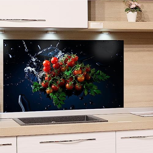 GRAZDesign Spritzschutz Küchenrückwand Glas Küche für Herd & Küchenspüle, Schwarz mit Tomaten | Glasplatte für Rückwand Küchenwand Wandschutz | 60x60cm