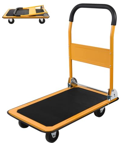 LEADALLWAY Foldable Push Cart Platform Cart 330lbs Capacity 4 Wheels 28.7x18.5x32.3inches Yellow Small Flatbed Cart