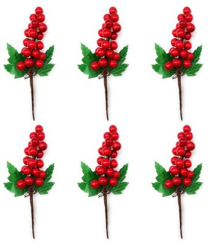 Tradineur - Pack de 6 Ramos de Acebo con Bayas Rojas, Espuma de poliestireno, decoración Festiva, Adornos Navidad, árbol, jarrones, 20 cm