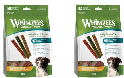 WHIMZEES by Wellness Stix, natürliche, getreidefreie Zahnpflegesnacks, Kaustangen für mittelgroße Hunde, 14 Stück, Größe M (Packung mit 2)