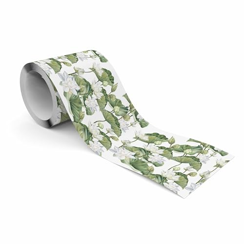 Muralo Bordüre Selbstklebend Weiße Blumen und Lotusblätter - 10x300 cm | Tapetenbordüre, Modernes Design, UV-beständig, halbmatt, glatt und abriebfest - ideal für Wohnzimmer und Schlafzimmer