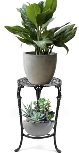 BIMUYI Pflanzenständer aus Gusseisen, Blumentopfregal, 2 Ebenen, Retro-Pflanzenregal (schwarz)