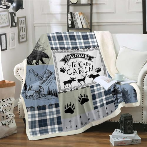 Homewish Jagdbär Hirsch Sherpa Decke,Rustikale Kabine Patchwork Fleece Decke 75x100cm,Buffalo Plaid Wurf Decke für Kinder Teens Erwachsene,Bauernhaus Cowboy Wald Fuzzy Decke,Blau Grau