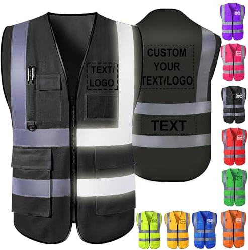 Akmxem Personalisierte Warnweste Aufdruck mit Text oder Logo und Mehreren Taschen Warnschutz Arbeitsweste Sicherheitsweste mit Bedruckbare