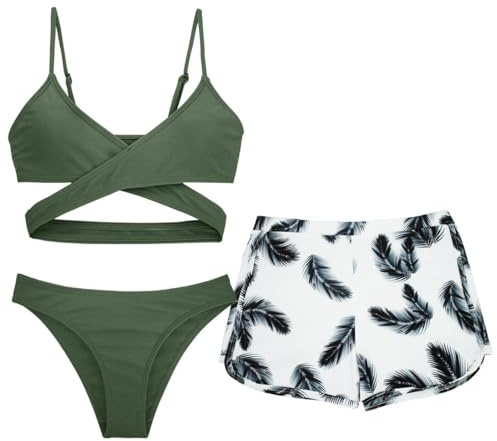 SEAUR Mädchen Tankini Set 3 Teilig Urlaub Sportlich Weste Verstellbar Schnelltrocknende Schwimmanzug Sport für Surfen Bohne Grün