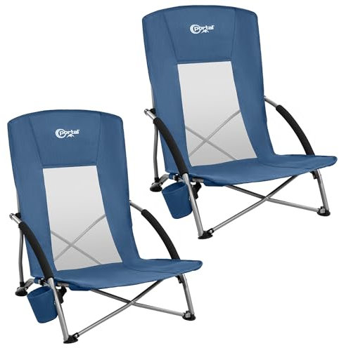 Portal Beach Chairs for Adults 2 Pack High Back Low Folding Camping Chair Portable Lightweight with Cup Holder for Travel, Concert, Lawn, Festival, Support 400lbs