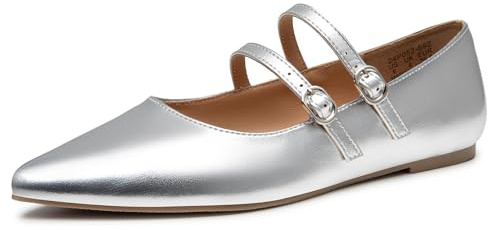 Trary Silver Flats for Women, Mary Jane Shoes Women Closed Pointed Toe Ballet Flats Dressy Comfortable Slip on Shoes Leather Mary Janes, Size 8.5
