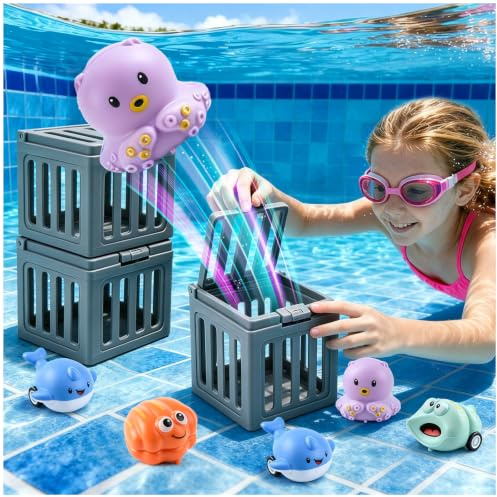 Swimming Pool Diving Toys, 3PCS Underwater Dive Rescue Game with 6 Ocean Animals & 6 Cages, Search & Find Pool Toys for Kids, Summer Water Play Diving Training Swim Toy Gifts for Boys Girls Ages 6+