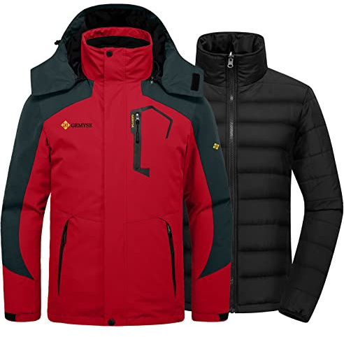 GEMYSE Herren Skijacke 3-in-1 Wasserdicht Winterjacke Winddicht Isoliert Pufferjacke mit abnehmbarem Innenfutter(Orientalisch Rot,2XL)