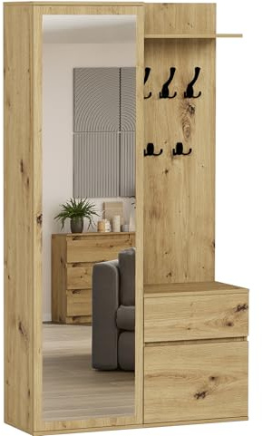 Framire Flurgarderoben-Set Artisan Eiche 100 cm – 3-teilig: Schrank mit Spiegel + Garderobenpaneel mit Ablage + Schuhschrank mit Schublade, modulare Garderobe für Flur & Eingangsbereich, Modern V-5
