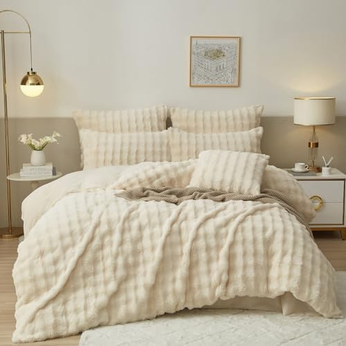 Luofanfei Winter Plüsch Bettwäsche 135 x 200 Creme Beige Weiß Kuschelig Flauschig Warme Flanell Bettwäsche Set Winterbettwäsche Microfaser Fleece Bettbezug und Kissenbezug 80x80 mit Reißverschluss