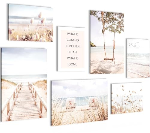 Novart Bilder Strand Meer Boho - KOMPLETT AUFHÄNGFERTIG - Beige Wohnzimmer Schlafzimmer Flur - 7 Moderne Mood-Bilder - N038172a
