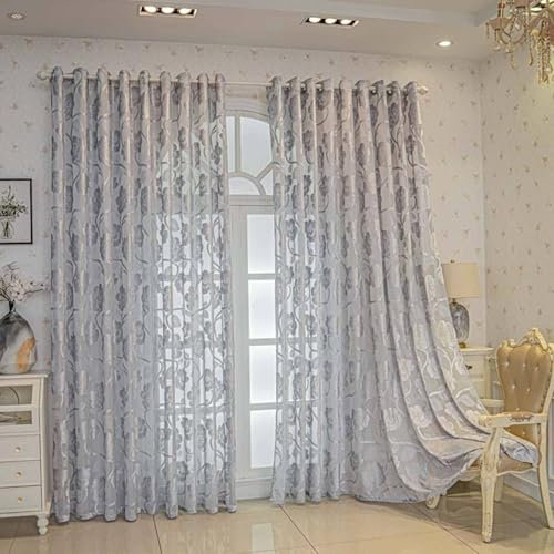 Wycian Querbehang Gardine Kurz Kurzgardine 2er Set Grau Voile mit Blumenmuster H115 x B96 cm (2er Pack) Polyester