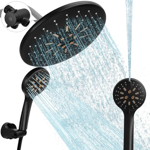 Luxsego Dual Rain Shower Head with Handheld Spray Combo, 8.8 Inch High Pressure Showerheads Built-in Power Wash with 7 Spray Modes & Anti-Clog Nozzles, Easy Install Shower System for Hard Water, Black
