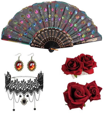 DRESHOW Pince à Cheveux Fleur Rose Tissu Eventail Pliant à Main Ensemble Cheveux Accessoires pour Femmes Danseuse de Flamenco