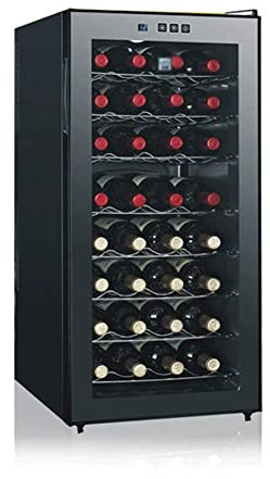 Enfriador de vino de 78 litros, refrigerador de vino de doble zona para 32 botellas con puerta de vidrio templado de acero inoxidable, función de memoria de temperatura, apto para botellas de champán,