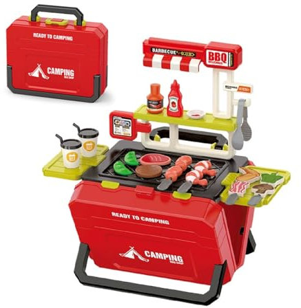 51Pcs Kids BBQ Toy Kitchen - Portable Barbecue Children's Play Outdoor Kitchens Suitcase, Barbecue Cooking Games Sets, Kebab Play Food, Kids BBQ Grill Playset Gifts for Girl Boy Age 3+