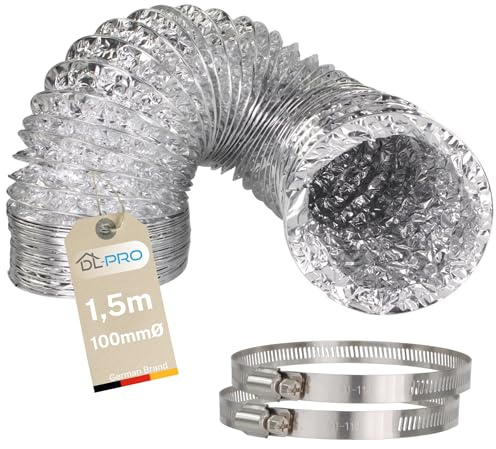 DL-pro 1,5m Abluftschlauch 100 mm, Aluminium, temperaturbeständig, flexibel, 2 Edelstahl-Schellen 91–114 mm, 100er Lüftungsschlauch für Dunstabzugshaube, Trockner & mobile Klimaanlage