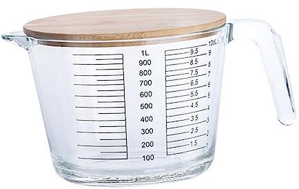 CONGARTENO Jarra Medidora De Vidrio 1000 Ml Resistente Al Calor Con Tapa De Madera, Taza Medidora Graduada Para Repostería y Cocina, Uso Doméstico, Vaso Medidor Práctico y Reutilizable