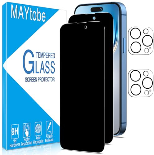 MAYtobe 2 Pezzi Privacy Pellicola Protettiva per iPhone 15 Pro Max con 2 Pezzi Protezione Fotocamera, Anti Spy in Vetro Temperato, Senza Bolle, Anti Graffio, Ultra Resistente