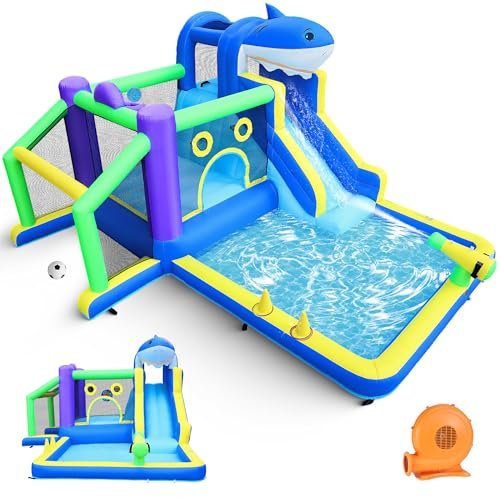 10-in-1 Bounce House, Inflatable Water Slide w/Splash Pool, Jump Area, Climbing Wall,Basketball, Football, Ball Shootings, 450W Air Blower, 13.3x11.3FT Bouncer Castle for Kids Backyard Indoor Outdoor