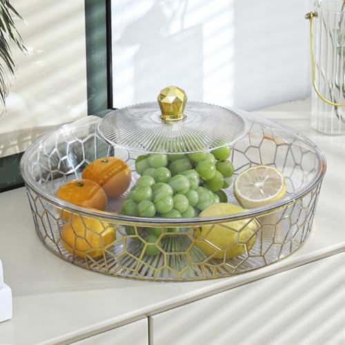 Round Fruit Plate, With Lid Transparent Plate, For Ruits, Snacks, Or Salads, For Both Indoor And Outdoor Use, For Kitchen, Parties(25 * 25 * 14cm Transparent and gold)