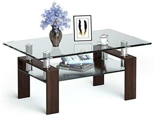 LIFEZEAL Tavolino da salotto rettangolare, tavolo da salotto a 2 livelli con piano in vetro temperato, mobile da salotto moderno con struttura in metallo, trasparente e marrone, 99,5 x 59,5 x 44,5 cm