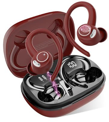 Cuffie Bluetooth Sport, Auricolari 5.4 con Mic Stereo, Cuffie Wireless con Ricarica Rapida USB-C, Cuffiette Doppio Display LED, IP7 Impermeabili Auricolare, 48H, Cuffie Senza Fili Corsa Running, Rosso