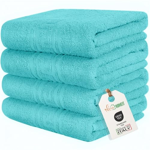 nice homeit - Set mit 4 Handtüchern aus 100% ringgesponnener Baumwolle – 60 x 100 cm – geeignet für den täglichen und sportlichen Gebrauch – extra weich und saugfähig – Made in Italy (Wasserblau)